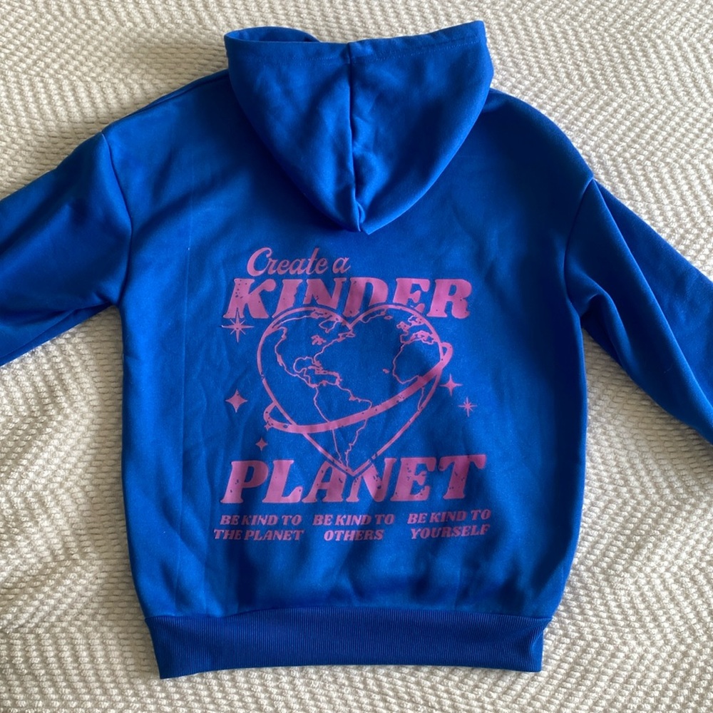 “Create a Kinder Planet” Hooded Oversized Sweatshirt — XS — Blue/Purple
